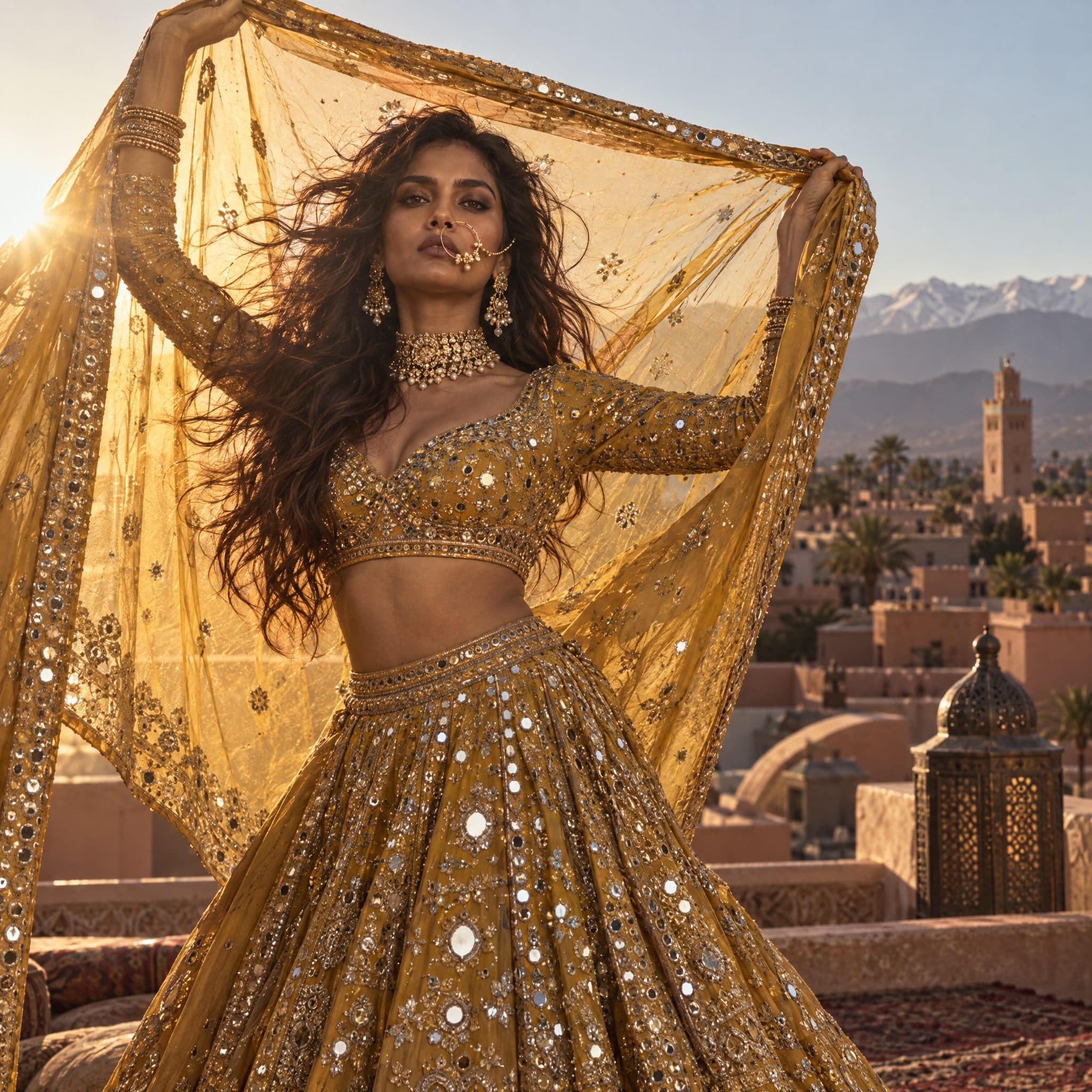 Bride in a gold lehenga on a Marrakech rooftop with the Koutoubia minaret and Atlas mountains behind