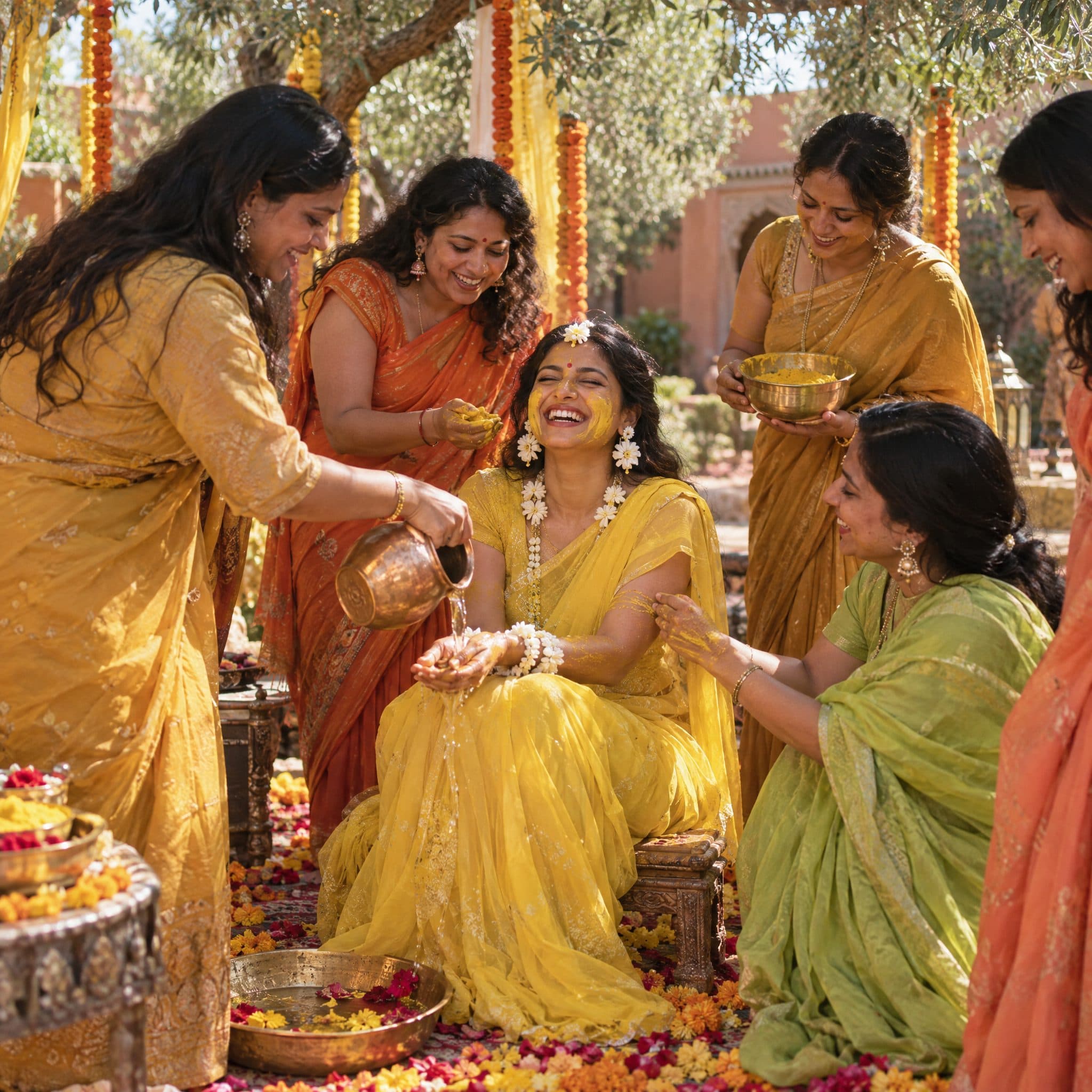 Bride seated in yellow during a Haldi ceremony in a Marrakech garden, surrounded by family applying turmeric