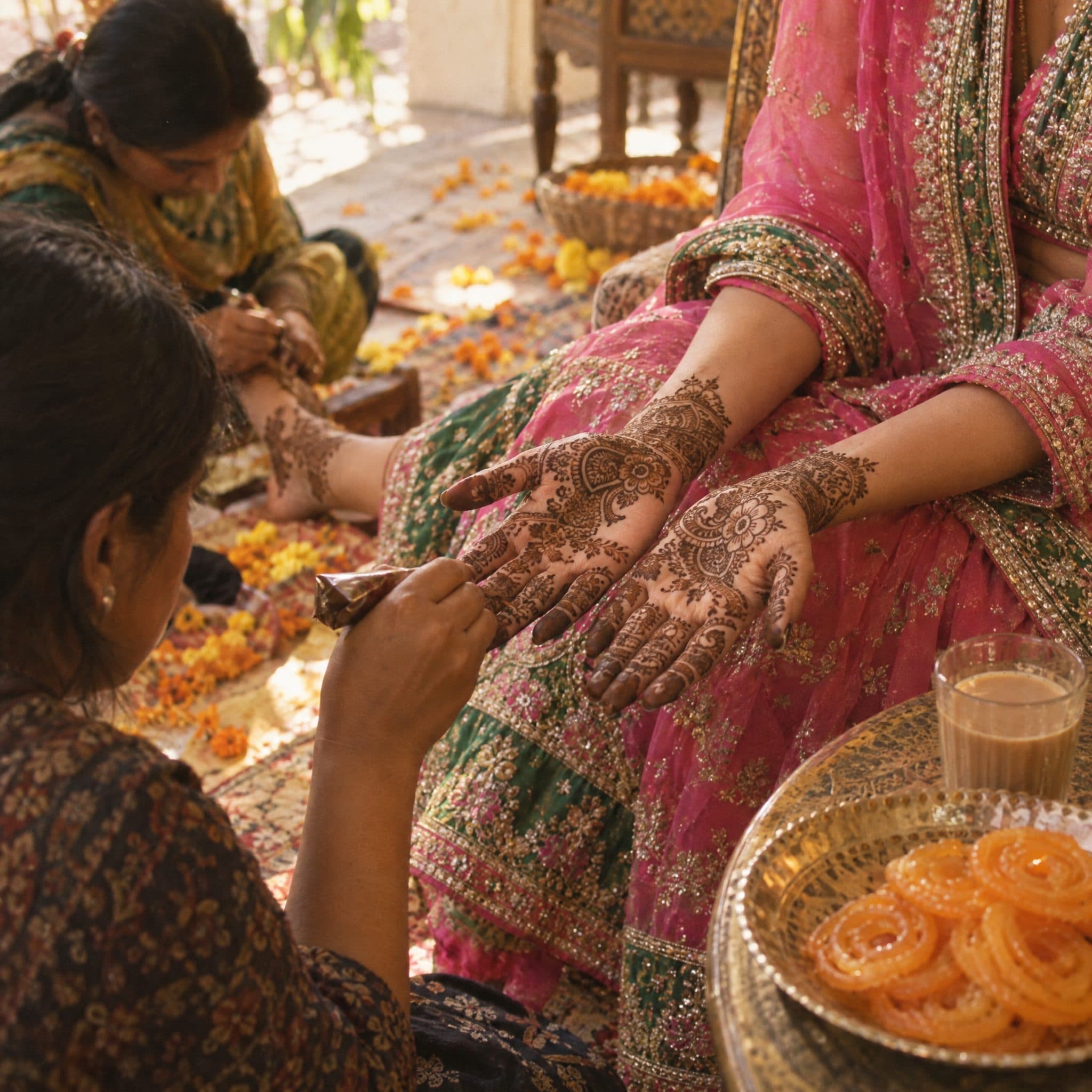 Henna being applied to a bride's hands during a Mehndi ceremony, with jalebi and chai beside her