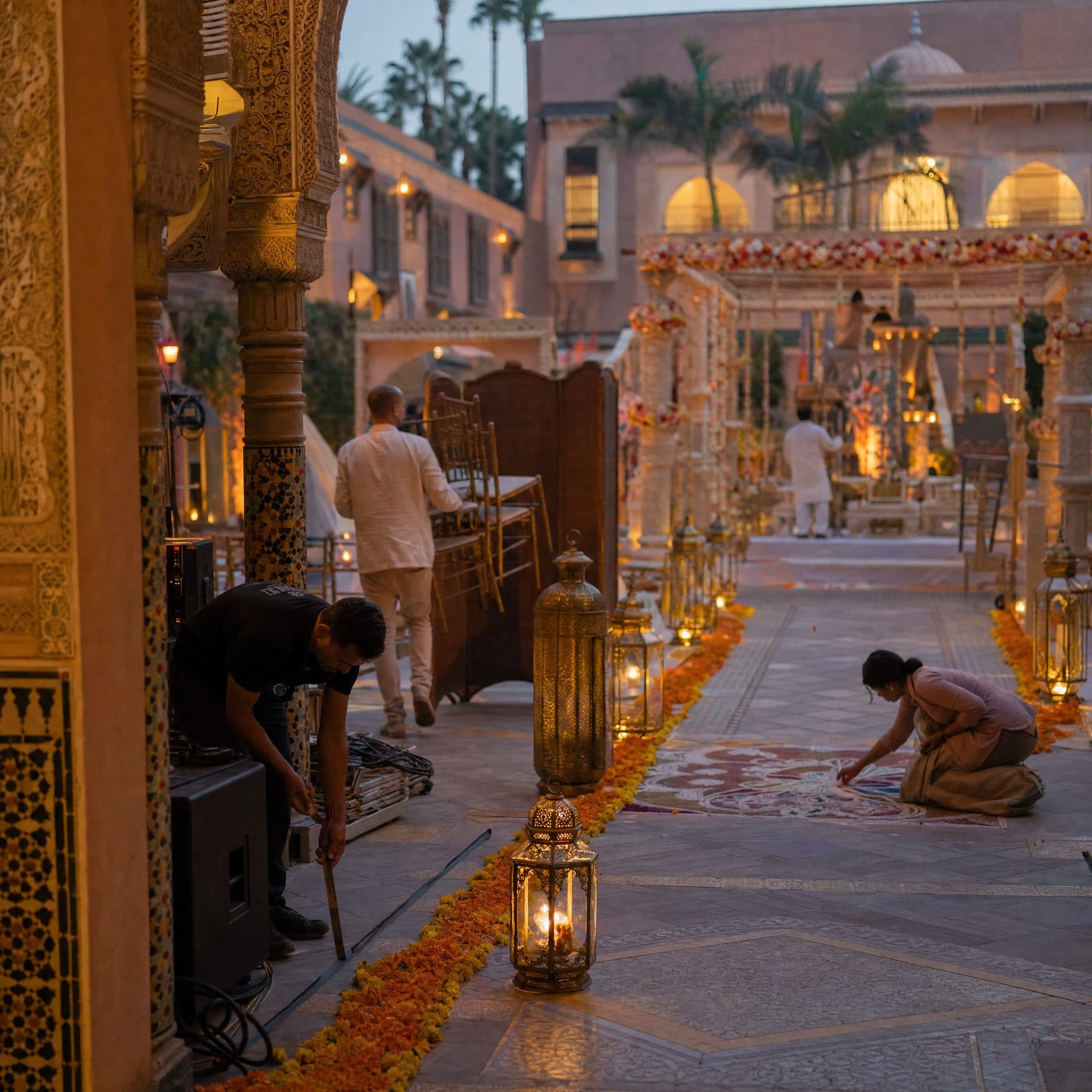 Marigold-lined aisle and mandap being finished at dusk in a Marrakech palace courtyard