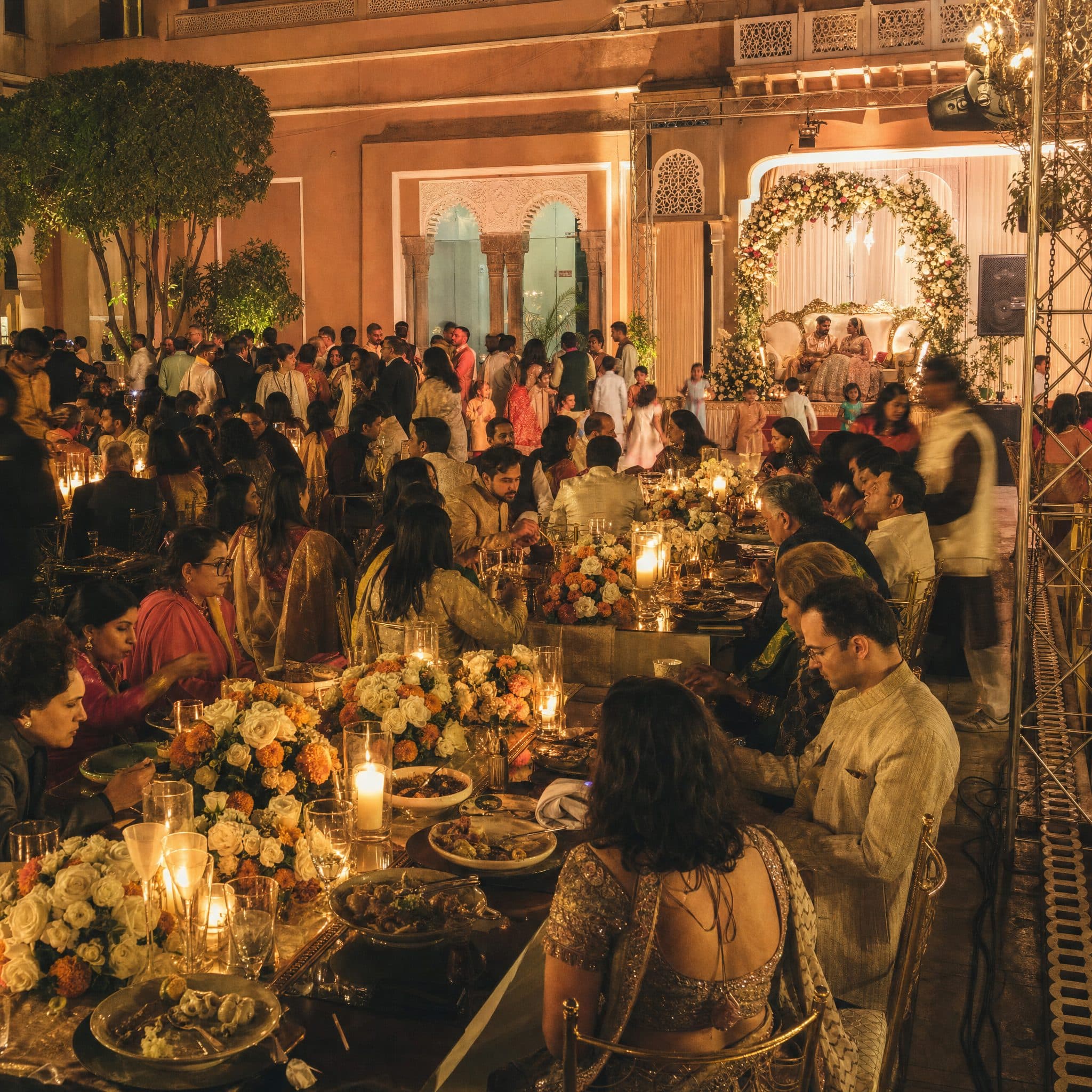 Candlelit reception dinner for several hundred guests in a Marrakech palace