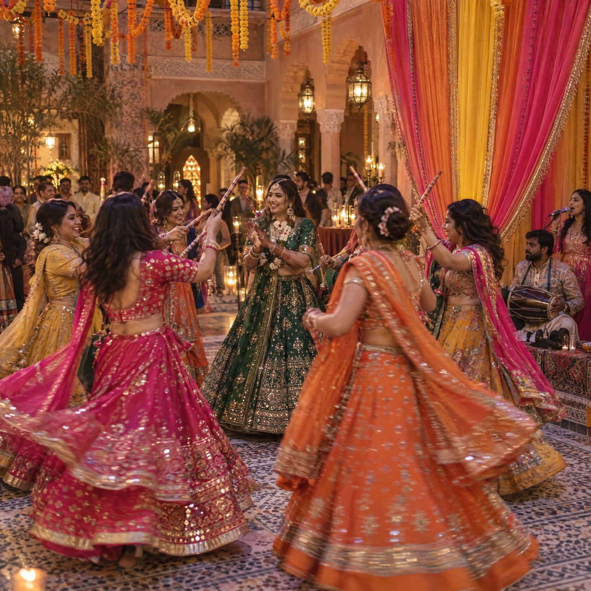 Guests in lehengas dancing at a Sangeet in a lantern-lit Marrakech palace courtyard