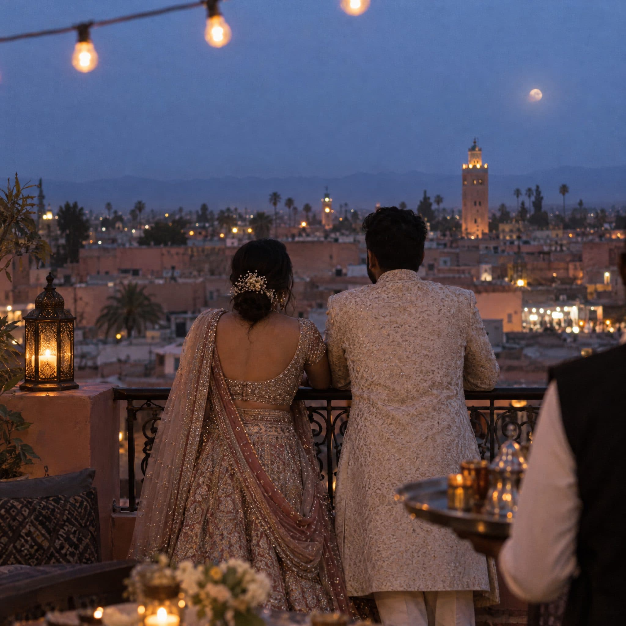Couple in Indian wedding dress on a Marrakech terrace at dusk overlooking the Koutoubia minaret